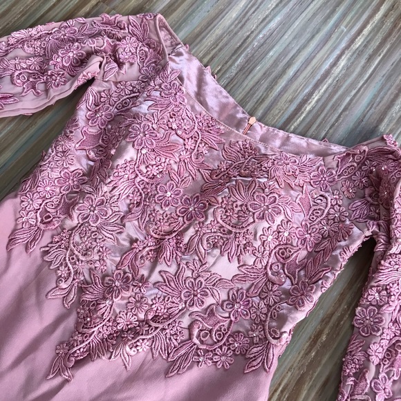 Pink Satin Crepe Long Formal Dress with Embroidered Sheer Sleeves - Picture 5 of 6